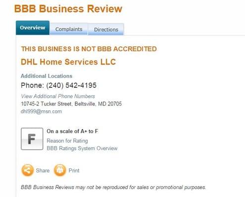 The better business bureau gives DHL Home services an F  as in Fraud & Fail,