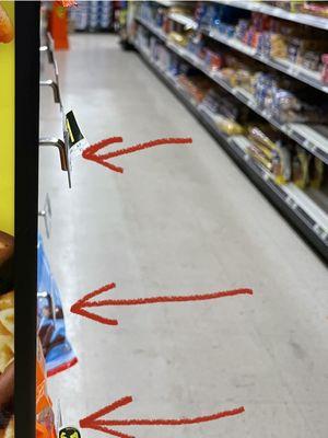 Merchandise prongs projecting into aisle are unsafe.