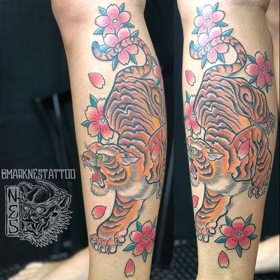 Japanese tiger and sakura by Mark Nes.