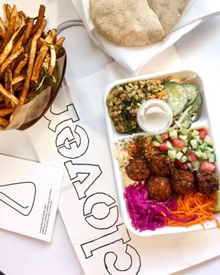 Chickpea Fritters Platter w/ Pita Bread + a side of Rosemary Fries.