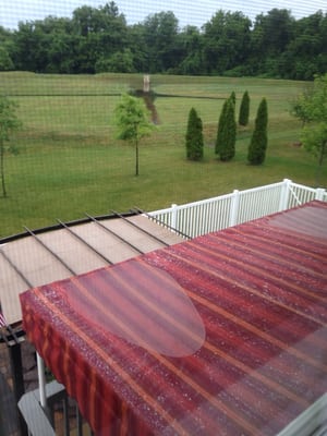 Rainwater collecting on top of awning.