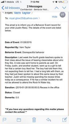 My son got in trouble for telling sally tom likes her. No recess and possible no field trip. If you breath wrong your suspended