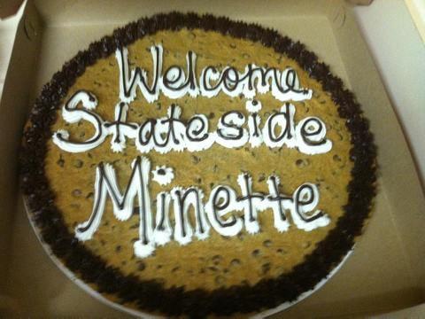 chocolate chip batter, chocolate icing border, & custom message with vanilla bottom writing and chocolate top writing