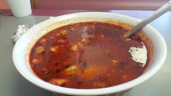 Menudo grande $8.  As good or almost as good as Taco Raymundo.  Has hominy.