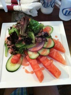 Watermelon and cucumber salad with strawberry vinaigrette dressing was wonderfully crisp and cool.