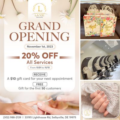 GRAND OPENING - NOVEMBER 1ST, 2023
20% OFF ALL SERVICES
Receive $10 Gift Card & FREE Gifts (first 50 customers)
From 11/01 to 11/15