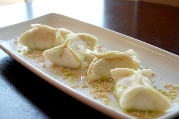 Bao Shrimp Dumplings with peanuts and a parley pesto