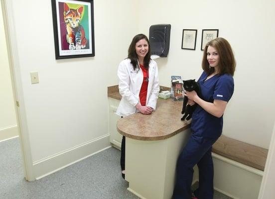 Dr. Atwood, Tina (Technician), and Leona in our feline examination room.