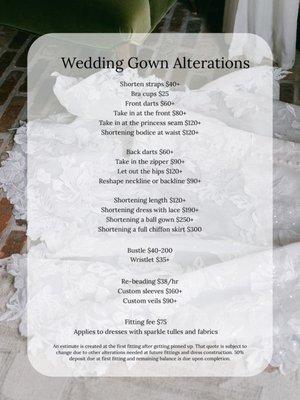 Our pricing list for wedding gown alterations