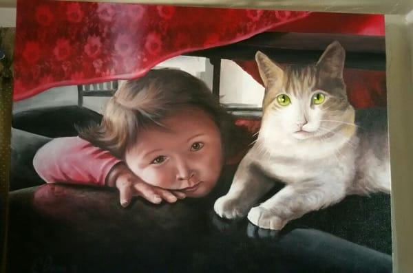 This is a portrait of my granddaughter and kitty.