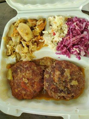 $10 hot platter. Dill cabbage stew, coleslaw, red cabbage salad and 2 meat patties stuffed with pork, veggies and cheese!