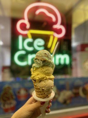 3 flavor ice cream cone: sea salt caramel, mango, and key lime pie. The key lime flavor was great but the "crust" portion was too much