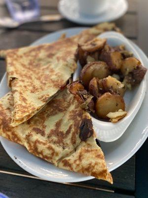 Mushroom, Onion, Spinach, and Gruyere crepe.