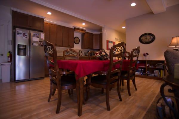 Open concept kitchen, dining and living area.