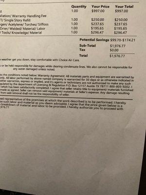 Invoice for Choice Air Care.