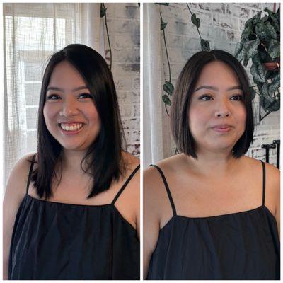 Before and after bob haircut by Laura Dee- text (714)906-0079 to book