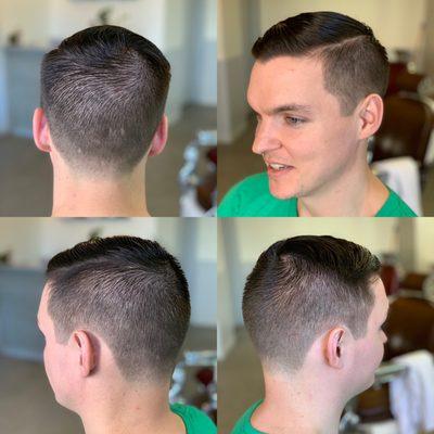 Fade with side part, clipper and scissor cut