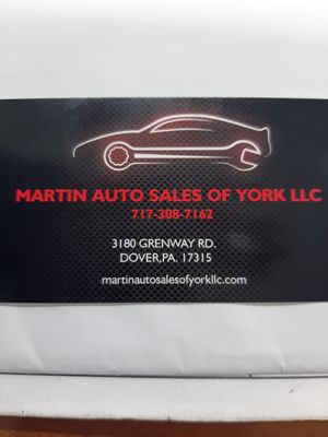 Martin auto sales of york LLC.
Open8am-6pm mon.-fri.  8am-2pm. Sat. Closed sun.
After hours by appt.