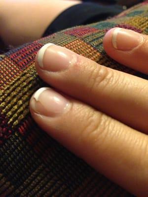 She didn't use gel polish for the white... So of course 3 days later - almost all are chipped. $35 down the drain!