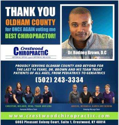 Voted Best Chiropractor in Oldham County two years in a row!