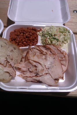 Pit Turkey with Baked Beans and Coleslaw.  Both sides are highly recommended.