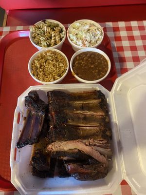 Ribs with 4 sides - pasta salad, coleslaw, beans, dirty rice