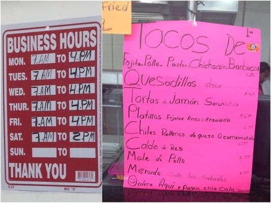 Taqueria hours and menu