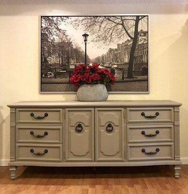 Beautiful 9 drawer dresser/ buffet table refinished in Aanie Sloan grey chalk paint