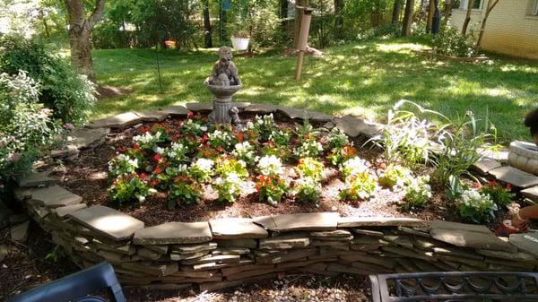 Backyard patio with raised gardens - a tranquil setting.