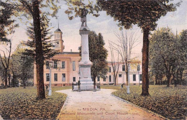 Early 20th C. Monument at Delco Courthouse Media, PA, Antique Postcard