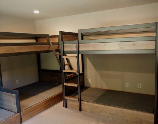 Custom made built-in bunk beds with a hand welded metal frame.This frame has a Pewter powder coated finish.