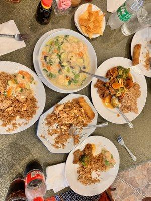 Shrimp in lobster sauce, beef and broccoli and fried rice