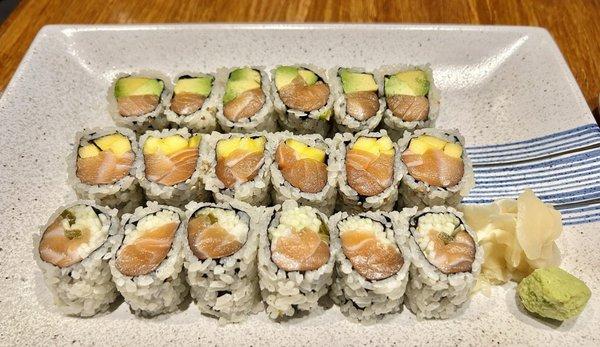 3 Rolls Lunch Special -Salmon Avocado Roll- Salmon Mango Roll - Salmon Cucumber Jalapeno Roll