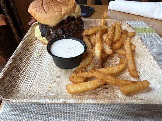 Burger, skimpy fried (none eaten yet)