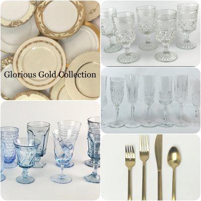 Mismatched gold rimmed china plates, clear cut water goblets, blue wine glasses, champagne flutes and gold flatware all for rent.