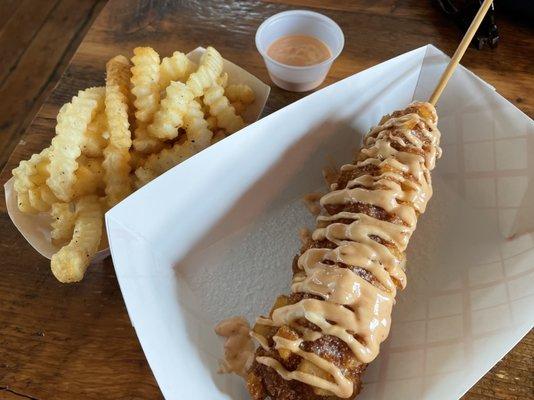 All-beef version with spicy mayo, and fries.