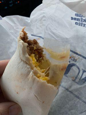 Plastic wrapping in breakfast burrito