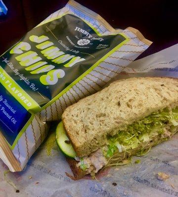 #3 on Wheat, with Sprouts, featuring Jimmy's Kettle Popped Jalapeño Chips (~$9)