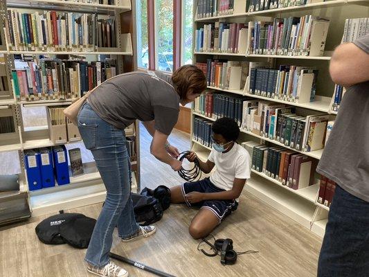 Setting up for a documentary interview at the Snohomish library