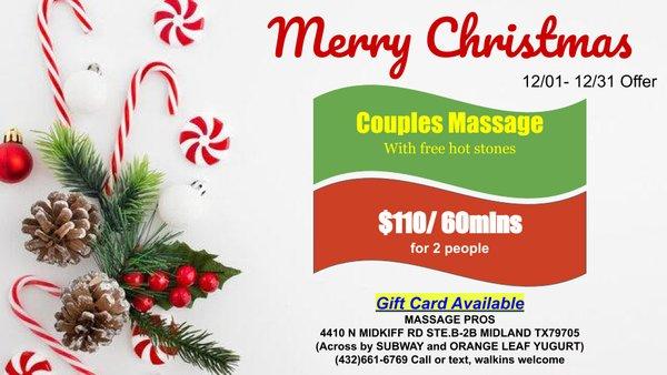 Merry Christmas! Couple's massage 60mins only $110 for both, 432-661- 6769, call or text to book, thank you!