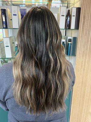 Bronde Highlights with root smudge for a natural look.