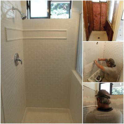 Tiling a shower.