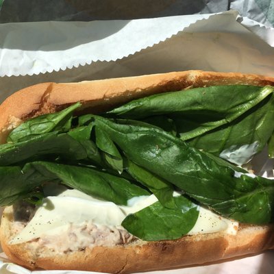 Six-inch Tuna, light mayo, spinach on white. $4.89!