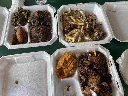 Stew chicken plate, jerk chicken plate, and ox tail pasta