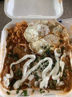 Chilaquiles with 2 eggs and rice and beans