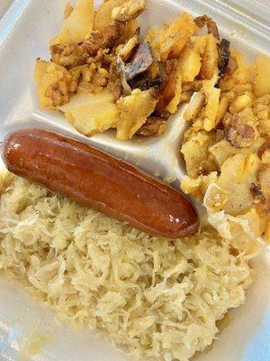 Sausage Plate with pan fried potatoes and sauerkraut. Delicious. All of it.