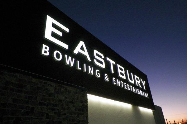 Eastbury bowling channel letters lighted up.