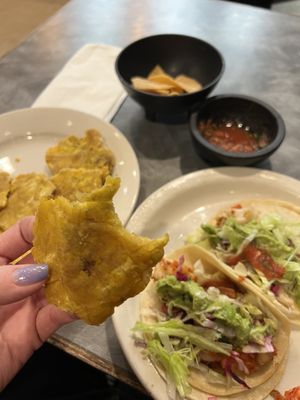 Tostones, fish tacos, and free chips and salsa!