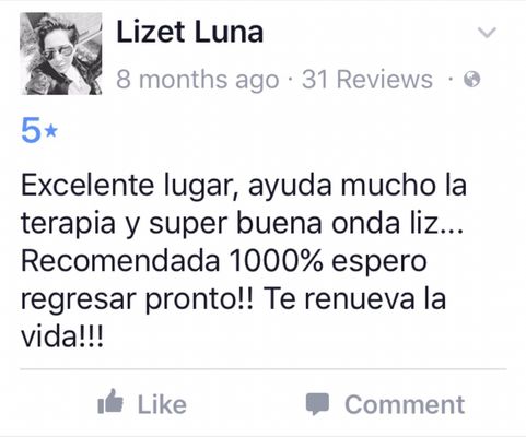 Excellent place, helps a lot the therapy and Liz is super cool ... Recommended 1000% hope to return soon !! It renews your life !!!