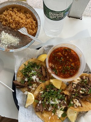 Birria tacos, rice and beans